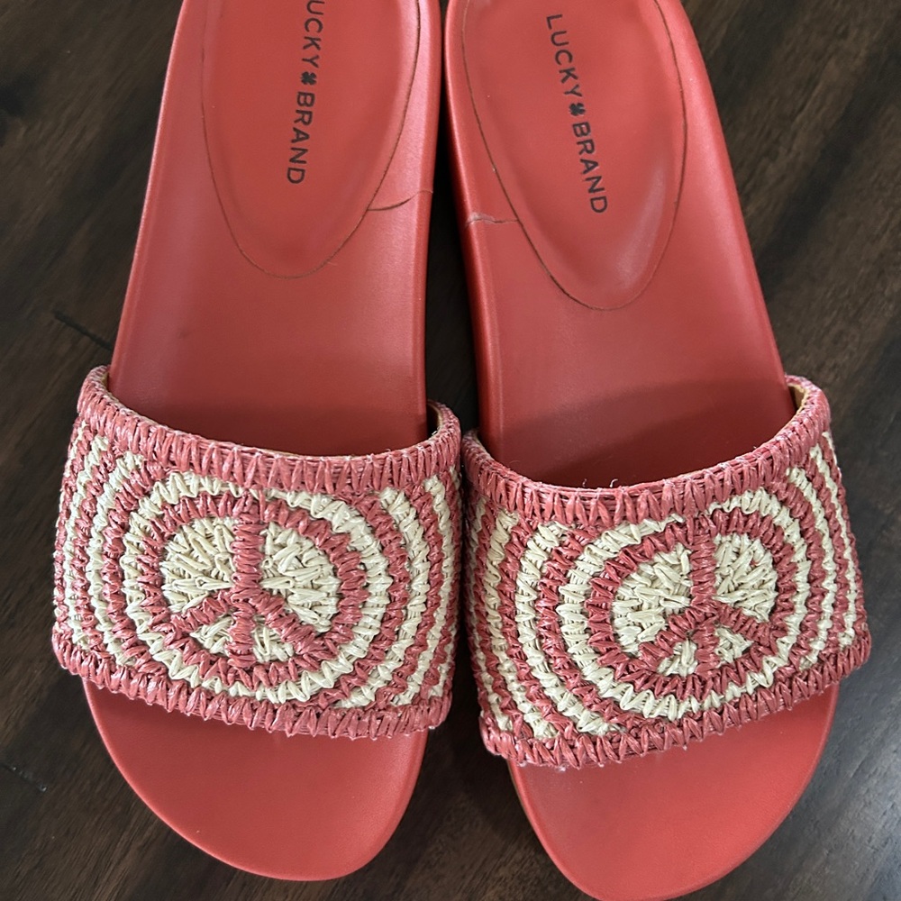 Lucky Brand Red and Cream Sandals with Intricate Strap